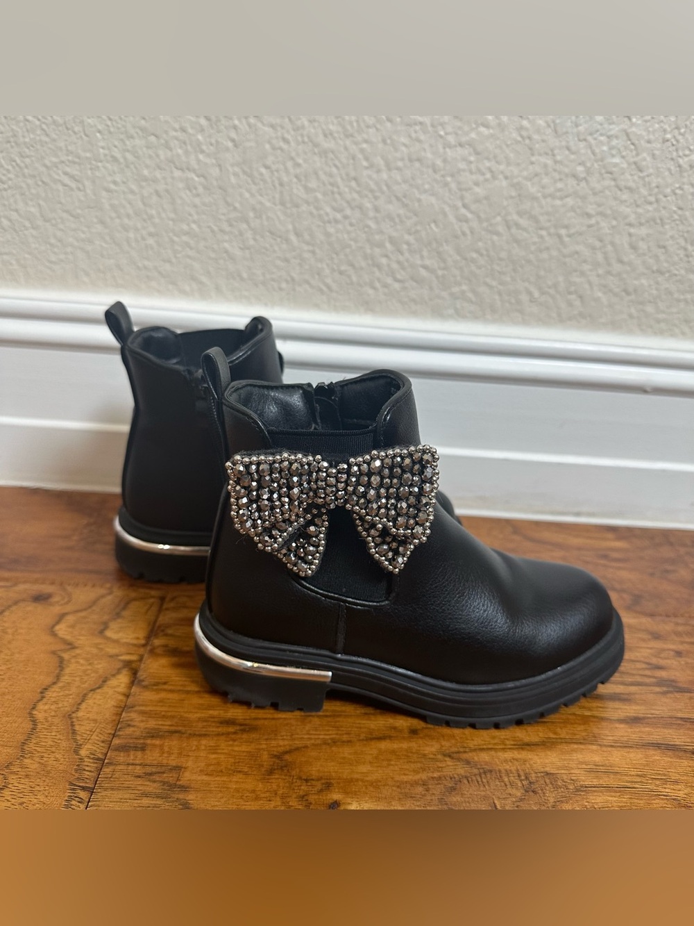 MIA Girls Black Ankle Boots Size 12M Rhinestone Bow Side Zip